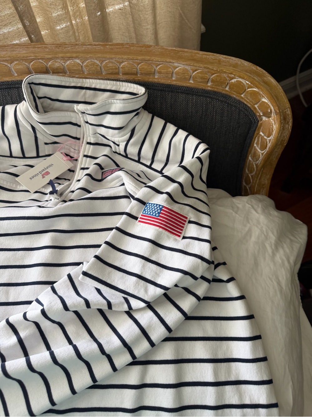 Vineyard Vines Women’s White & Navy Striped Pullover with Pink Logo Patch - Picture 4 of 5